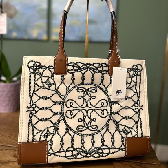 NWT! NEW! Tory Burch Small Ella Tote- Printed Ivory Abstract Rope Logo Women - Picture 1 of 10